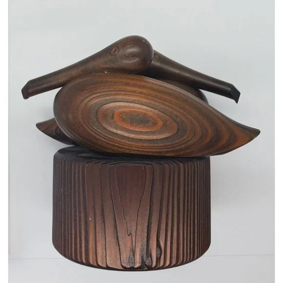 VTG MCM Shakey's Noisy Oyster Cypress Wood Carved Pelicans Figurine - Picture 3 of 14